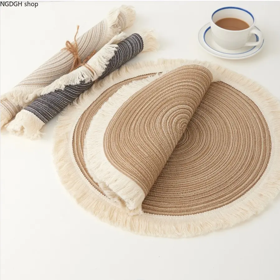 Woven Placemats - Round Fringe Circular Table Mats, Boho Farmhouse Natural Beige Blue Gray Rustic Dining Kitchen Deco