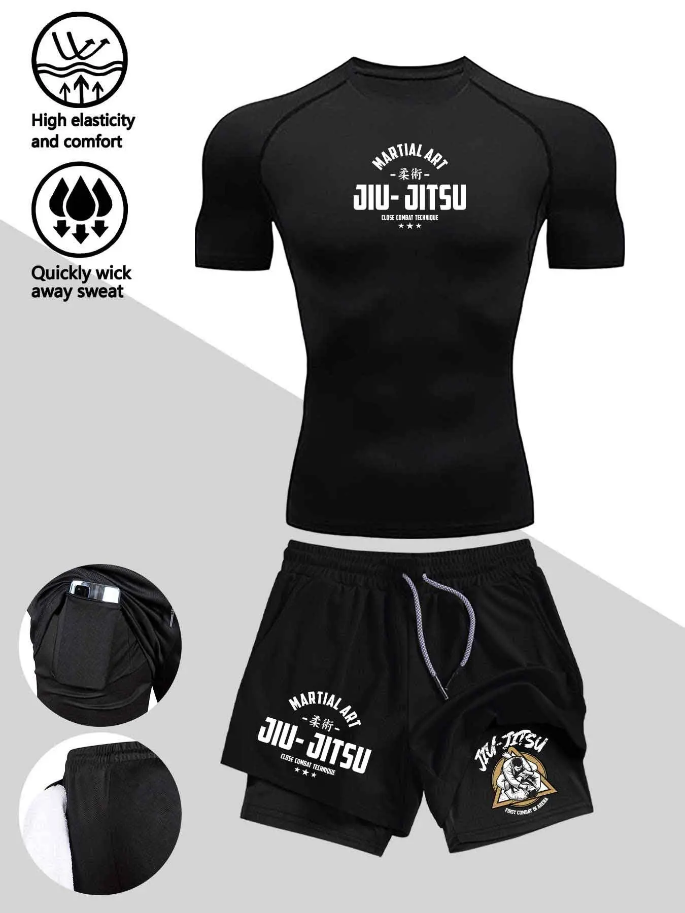 Men's Jiu-Jitsu Fitness Two-Piece Set, Short Sleeve Top + Dual-Layer Shorts, Quick-Dry Sportswear, Gym Workout Sportswear for Running, Gym, Soccer, Hiking, Gymwear
