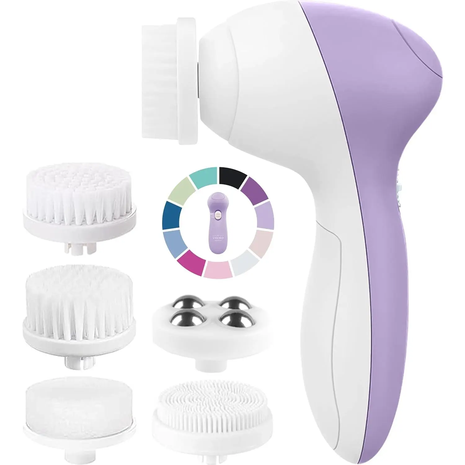 Electric Facial Cleansing Brush Scrubber for Beauty Enthusiasts, Powered Exfoliator Skin Care Device with 7 Heads, Requires 2 AA Batteries (Lilac Amethyst), Cleaning Brush, 2 Aa Batteries Required., Exfoliating, Face, Rose Quartz