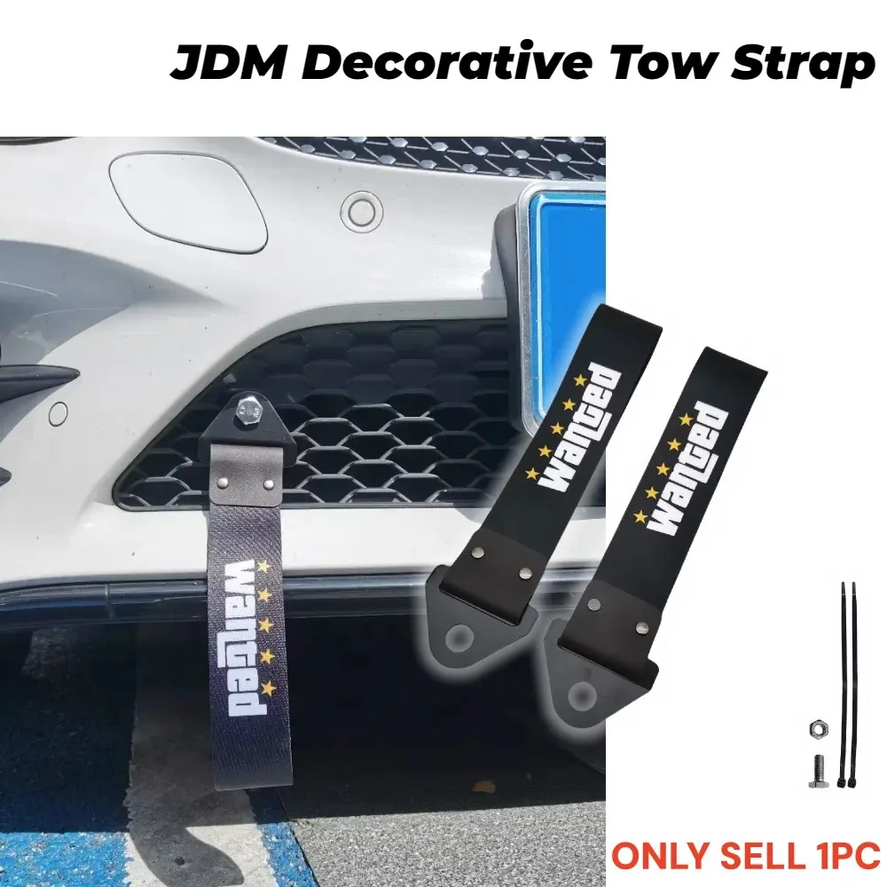 1 Piece New JDM Slogan Style For Five-Star Wanted Decorative Tow Strap Universal Anime Graffiti Car Racing Tow Ropes Auto Trailer Ropes Bumper Trailer Towing Strap Automotive Accessories