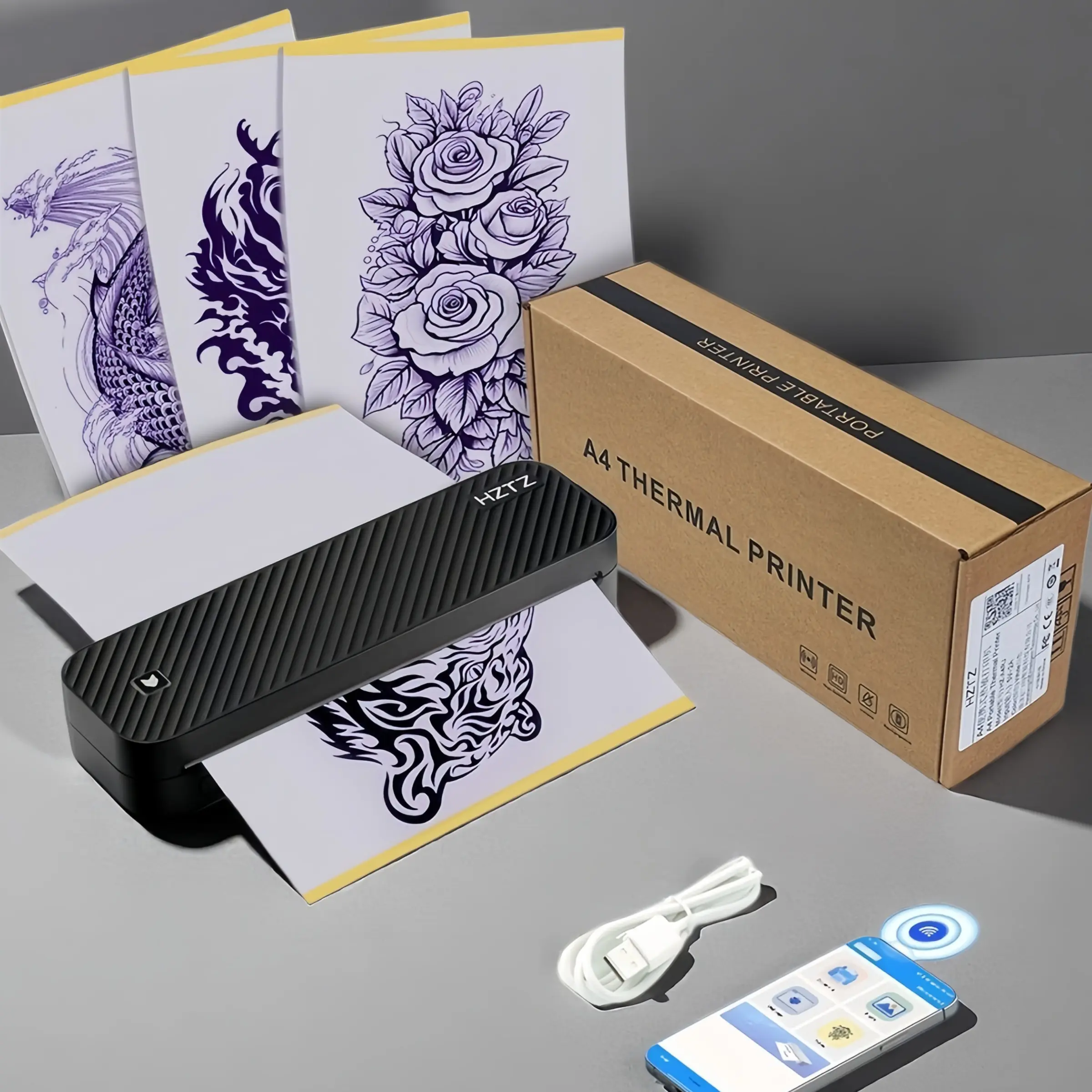 Hztz A4 Thermal Printer Wireless Bluetooth-compatible Professional A4 Paper Pdf Printer Tattoo Template Copier Compatible with Phone, 203dpi Inkless Portable Printer,2600mAh