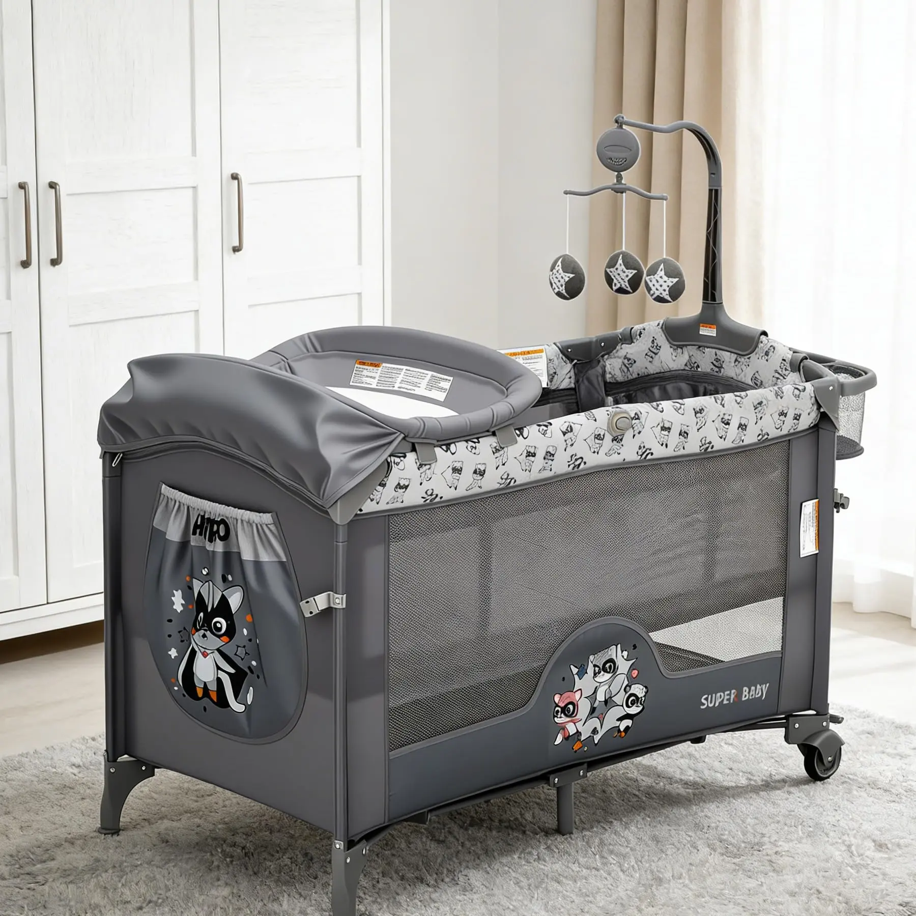 4-in-1 Foldable Portable Pack and Play Bedside Sleeper with Adjustable Height - Breathable Mesh Baby Furniture, Bassinet for Baby, Changing Table, Zip Door, Locking Wheels, Storage Basket, Toy Bar, Dark Gray, USA