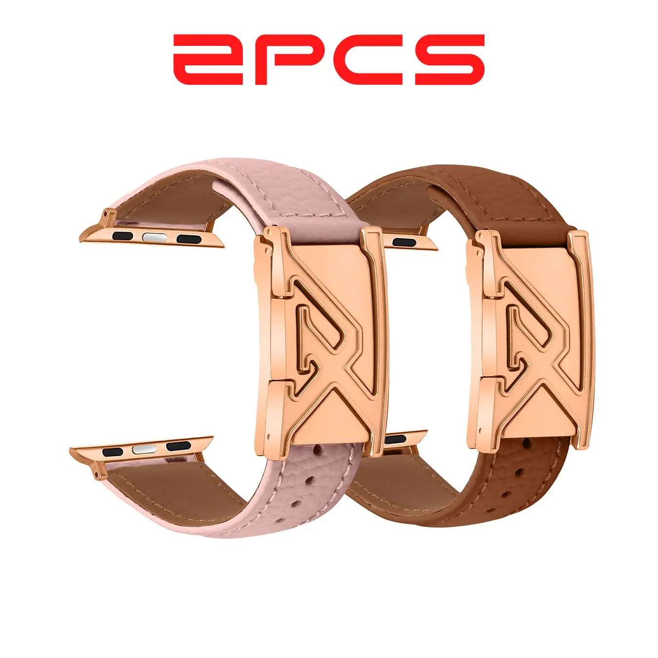 2 Pcs Genuine Leather Watch Strap, Rose Gold X Clasp, Fits Apple Samsung Huawei, Elegant Replacement Band, Smartwatch Replacement Straps, Multiple Combinations