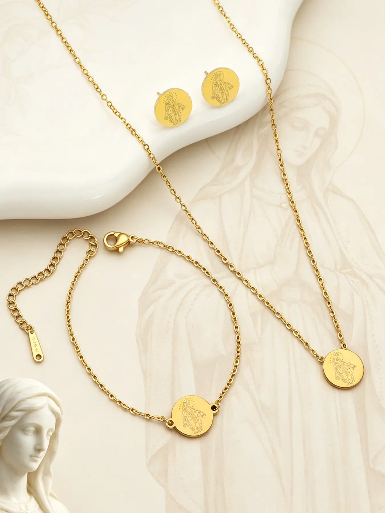 1set/4pcs Fashion Classic Catholic Element Design Our Lady of Grace Coin Jewelry Set - Necklace&Bracelet&Stud Earrings | Symbolizing Grace and Blessings |Religious Stylish Jewelry, Popular in Europe, America & Latin America, Essential for Believers