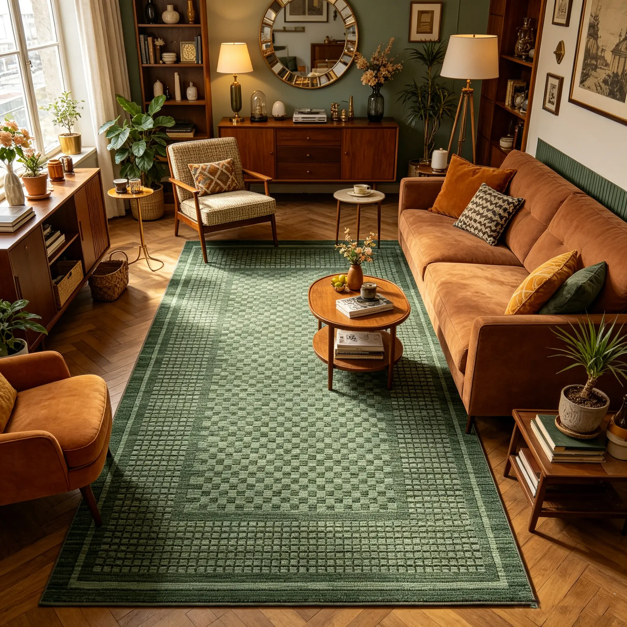 Neutral Border Grid Pattern Flat Design Area Rug - Thin Low Pile, Non Slip, Washable, Pet Friendly, Durable High Traffic Floor Mat for Living Room, Farmhouse Rugs for Living Room, Indoor Home Decor, Living Room Rugs