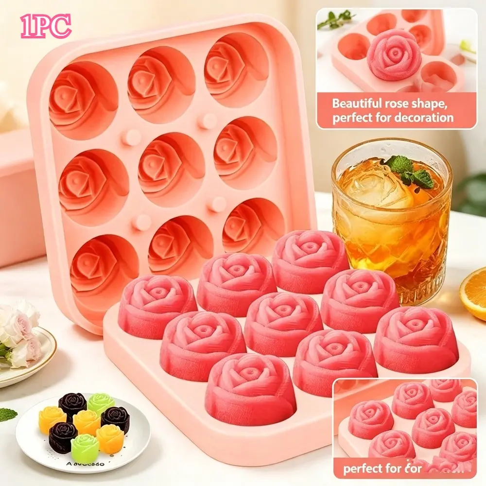 Multi-functional 9-cavity Rose Silicone Mold With Sealing Lid, Food Safe & Easy Release, For Ice, Baking Snacks, Homemade Candles And Soap