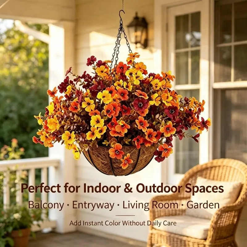 2set-24 Piece Autumn Artificial Flower Set with 2 Hanging Baskets, Artificial Hanging Plants, UV Resistant, Metal Chain, Outdoor Decor for Home, Garden, Halloween, Christmas