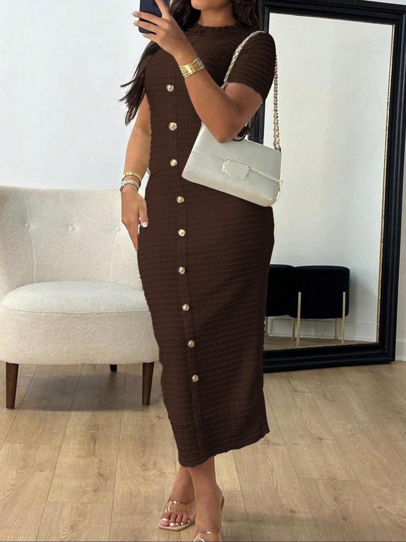 Women's Plain Zipper Back Round Neck Dress, Casual Fake Button Decor Short Sleeve Crew Neck Dress for Daily Wear, Ladies Clothes for All Seasons, Formal Wear