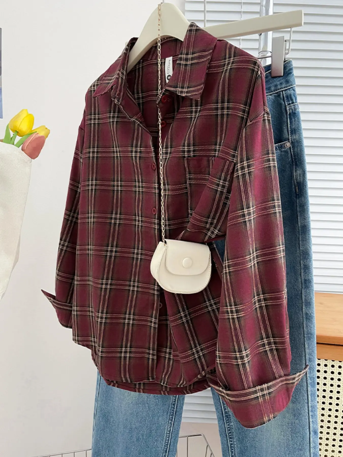 Korean Retro Plaid Collared Blouse Shirt for Women, Loose Fit Oversized Long Sleeve Top, Casual Spring Summer Jacket, Casual Summer Tops, Multiple Colors Available