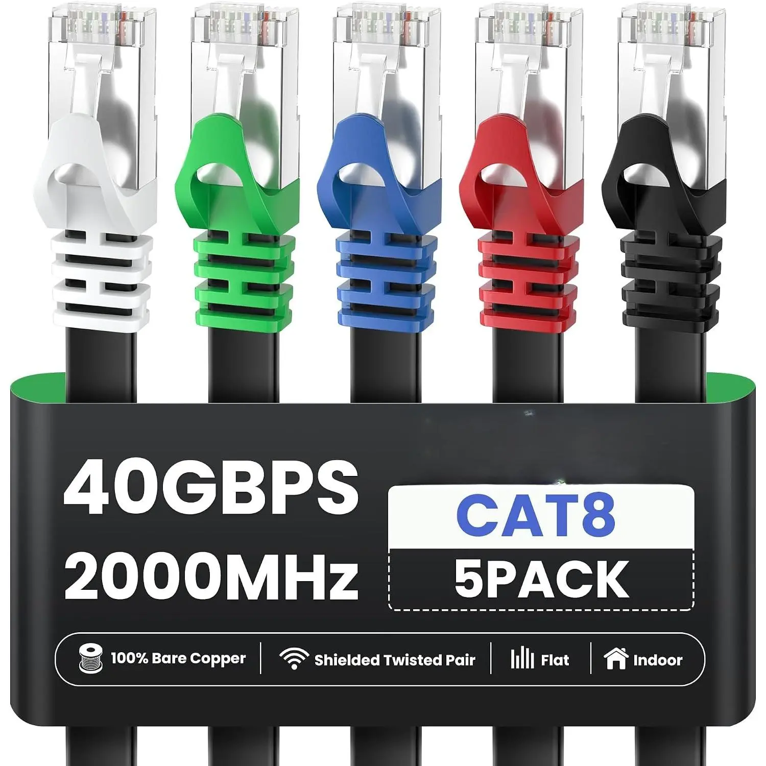 Cat8 Ethernet  1FT 5 Pack Multi Color, 40Gbps 2000MHz Shielded Short Flat  Internet LAN Network Patch Cord, High Speed RJ45 -8  for Router, Modem, PC, Gaming - 1