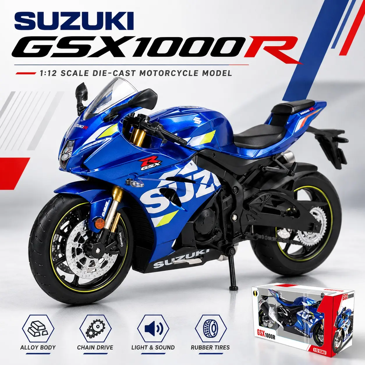 Suzy Gsx1000r Alloy Model, 1:12 Scale, Light & Sound, Authentic License, Motorcycle Model, Birthday Gift, Desktop Decor, Stress Relief Toy