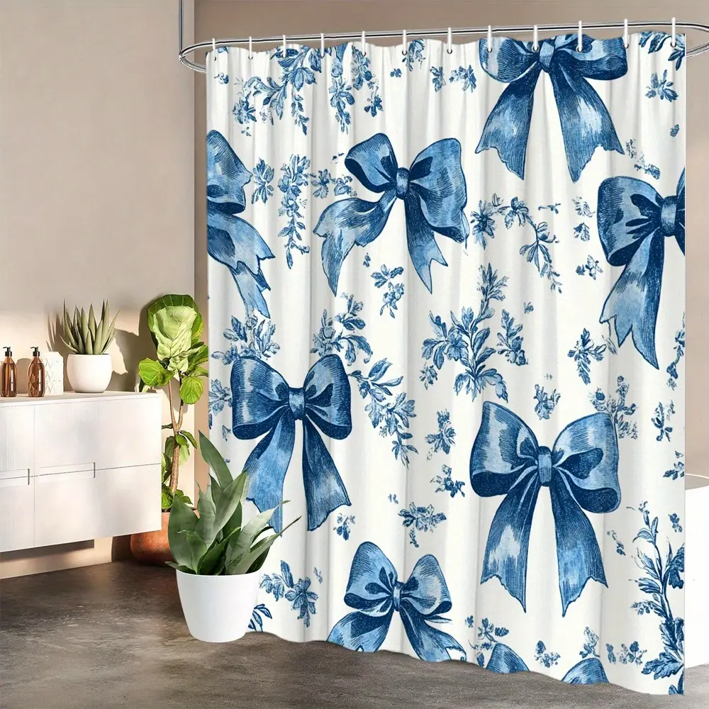 1 piece, floral pattern shower curtain, monochrome bow and flower branches intricate details, traditional aesthetic bathroom decoration, home decoration, including bathtub curtain