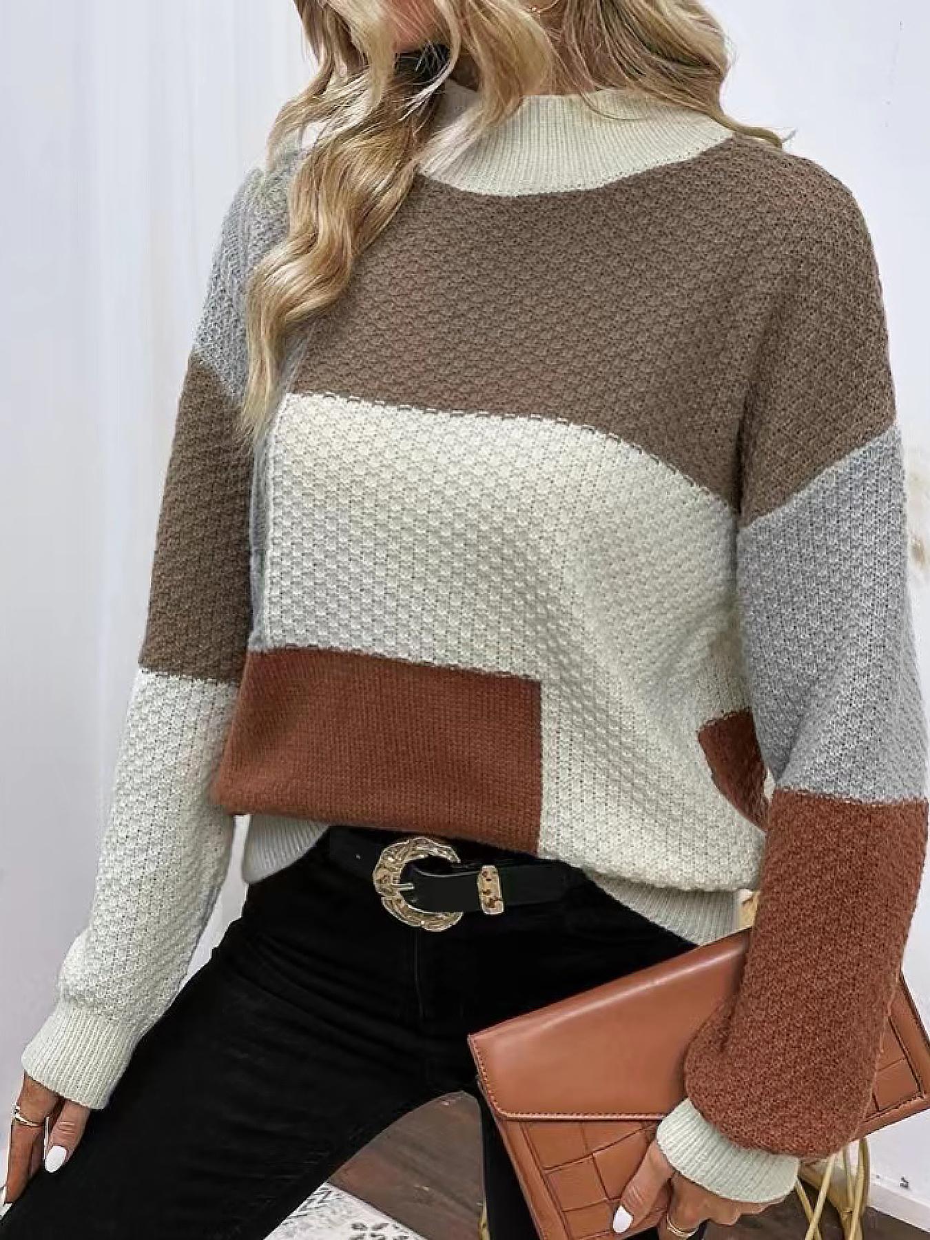 Women's Basic Chic Minimalist Colorblock Drop Shoulder Mock Neck Sweater, Lady Casual Comfort Soft Lightweight Textured Jumper for Daily Wear, Longsleeves Knitwear, Knitting, Going Out Outfits, Fall Clothing Women