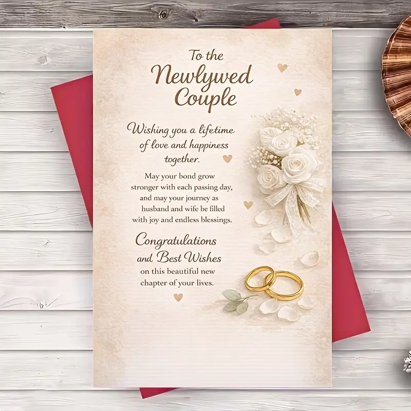 Elegant Wedding Card with Roses and Rings, Perfect Gift for New Couples, Includes Envelope, Ideal for Celebrations