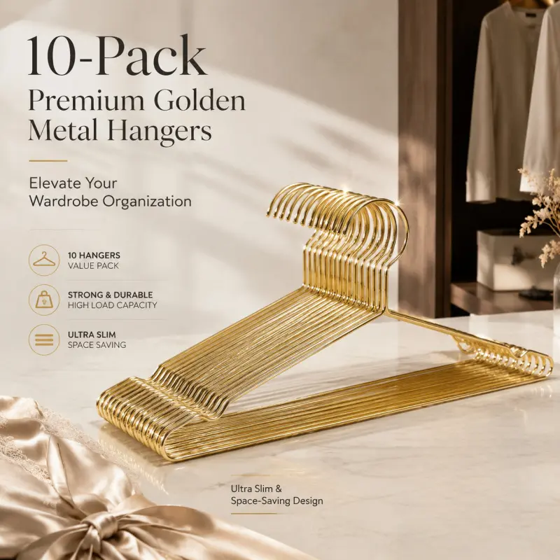 10-Pack Premium Golden Metal Hangers - Ultra Slim, Heavy-Duty Clothes Hangers for Space-Saving Wardrobe Organization