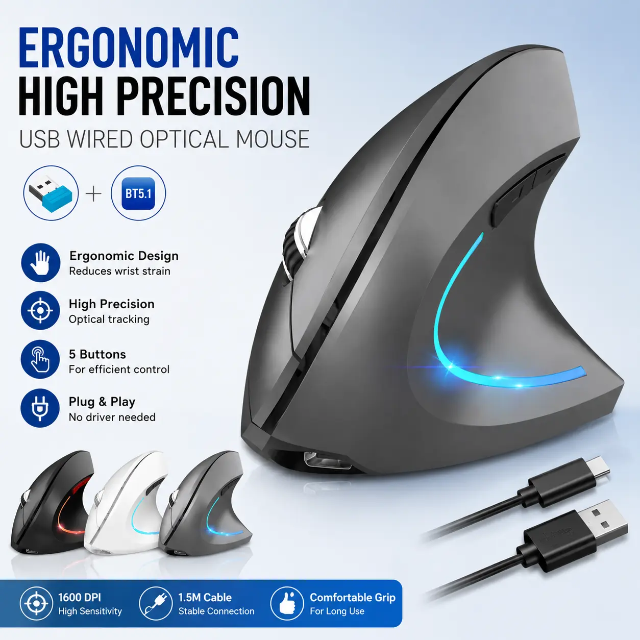 Dual Mode Bluetooth 5.1 & 2.4G Wireless Vertical Ergonomic Mouse, Rechargeable Silent Click Ergonomic Right Hand Mice with RGB Light, 4 Adjustable DPI 6 Button Computer Mouse for Laptop Mac Windows Office Gaming