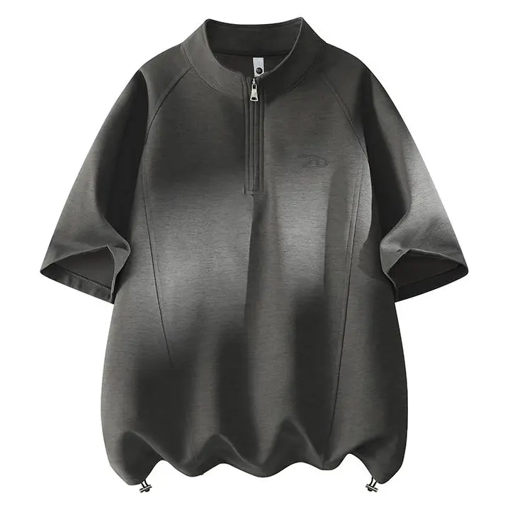 Men’s Summer American-Style Half-Zip Mock Neck Shortsleeve Plain T-Shirt - Premium Clothing with Stylish Embroidery, Comfortable Versatile Casual Top, None, Dark Gray