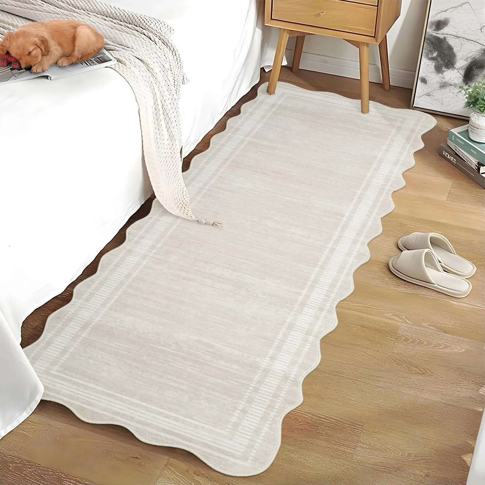 2x6 Washable Runner Rug, Modern Minimalist Printed Pearl Velvet Hallway Rug, Foldable Soft Polyester Carpet for Entryway Kitchen Laundry Room, Camel