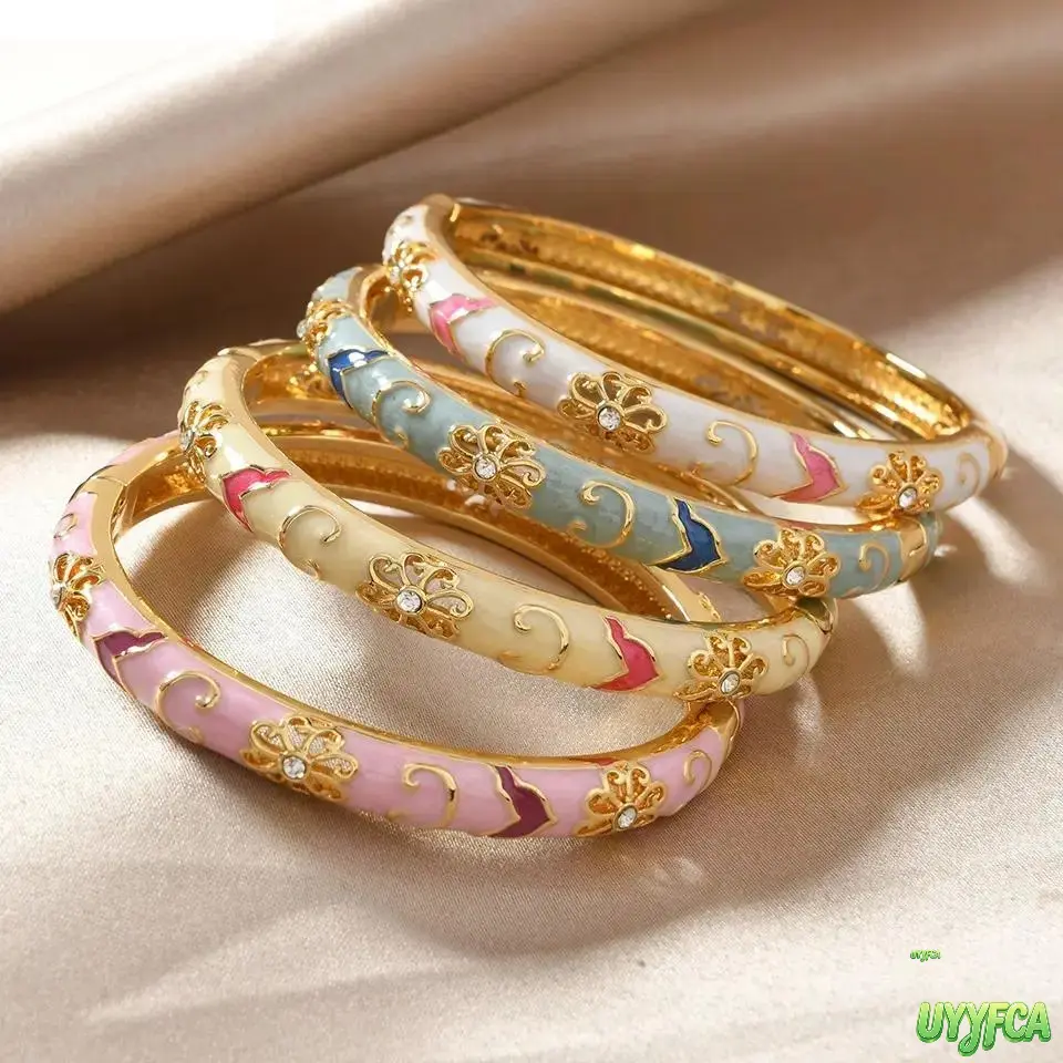 Women's Vintage Floral Cloisonne Enamel Hinged Bangle Bracelet - Gold-Tone Hollow Floral Motif Cubic Zirconia Inlaid, Pastel Dainty Elegant Polyester Base Female Wear Jewelry, Stackable Party Gifts Accessory (1-Piece) tiktokshopbacktoschool, One-Piece