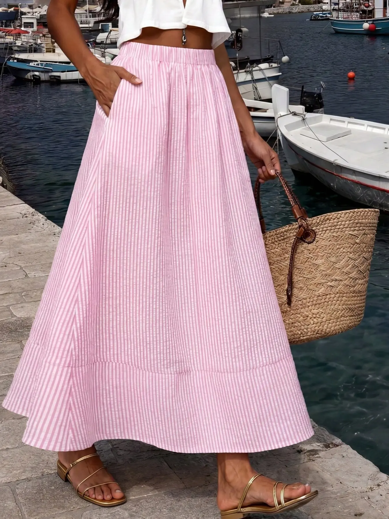 Women's Striped Umbrella Skirt, Elegant Long Dress with Pockets, Skirts with Pockets, Perfect for Daily Casual, Office, Travel, Dating