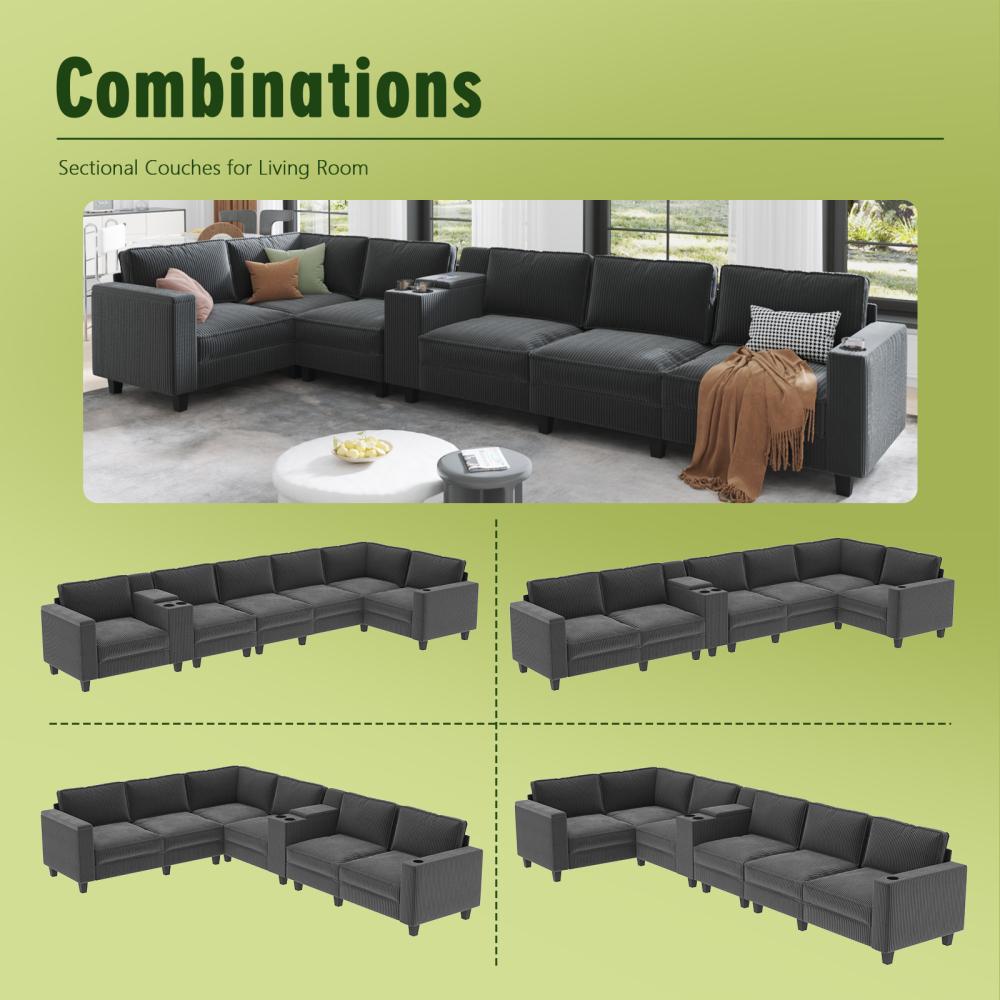 L-shaped 6-seater 133.4'' * 94.4'' Corduroy Sofa, Large Storage Armrests with Center Console, USB Charging, Left and Right Seats Can Be Switched Couch