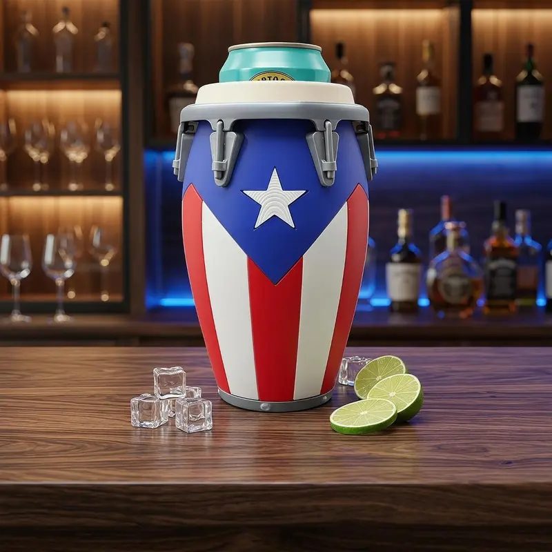 Conga-shaped Piggy Bank & Can Holder with Puerto Rican Flag Design, Fits 12oz Cans; 3D Printed Puerto Rican Themed Souvenir, Caribbean Decor Ornament for Beach Parties and Home Bars