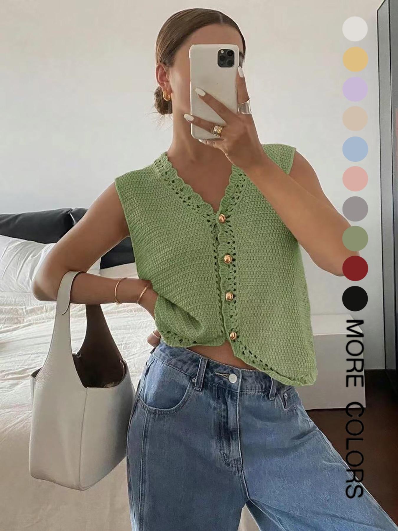 Women's Plain Button Front Cardigan, Casual Basic Fitted Crochet Knitted Cardigan for Summer, Fashion Women's Sleeveless Knitwear for Daily Wear, Vneck Womenswear, Knitted Tops