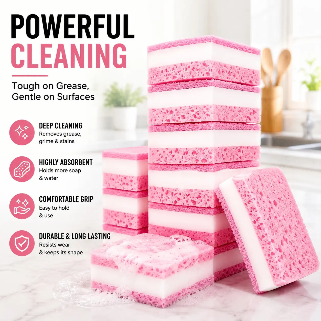 8PCS Pink Kitchen Cleaning Sponges, Thick Dish Scrub Sponge for Dishes, Sink, Bathroom & Household Cleaning