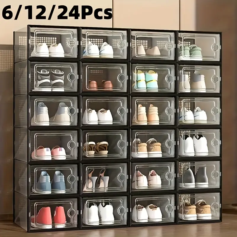 6/12/24-piece large-capacity shoe cabinet storage box, modular space-saving transparent plastic stacked shoe box with lid display box, sports shoe storage shoe rack, white and black optional