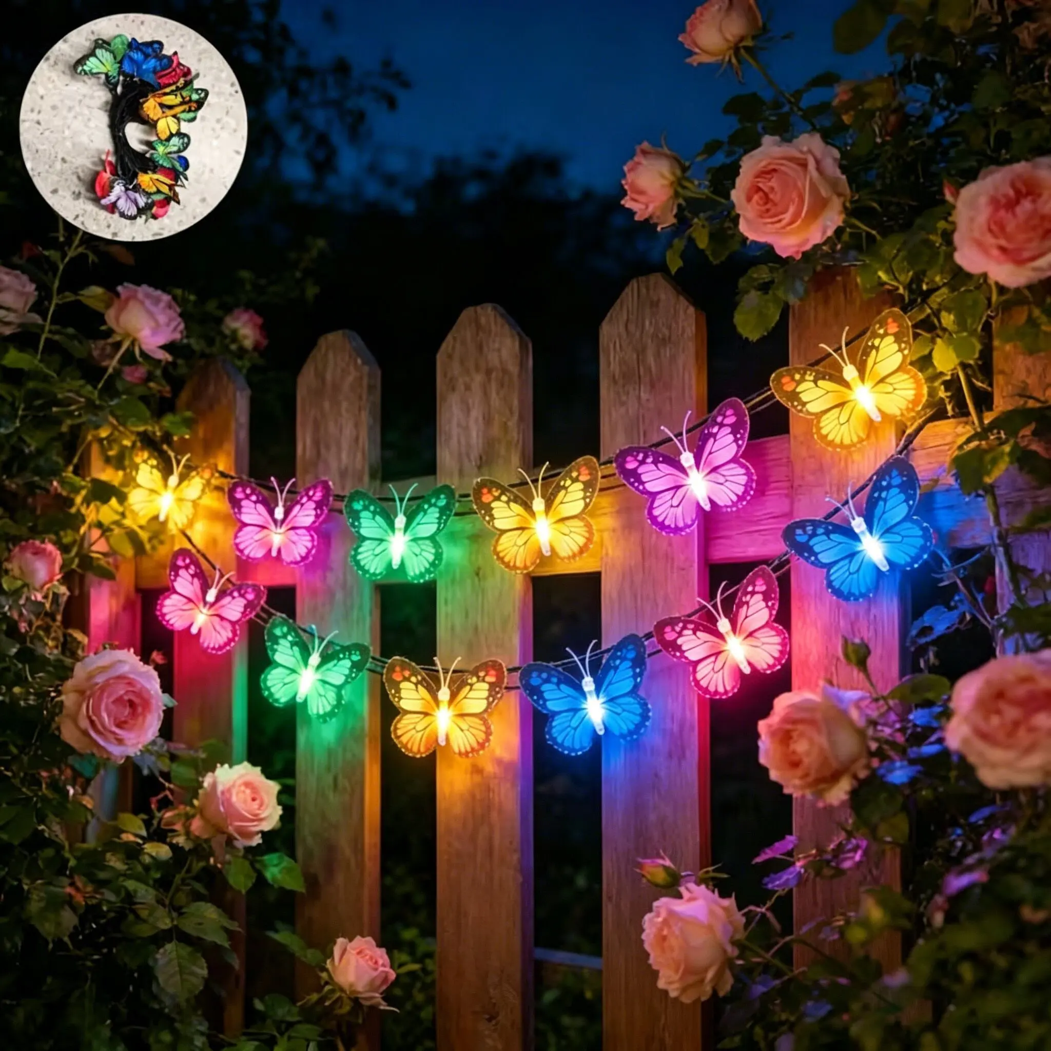 196.85inch/20LED Solar Illuminated Butterfly String Lights Realistic Butterfly Colorful Glow Ambient Decor IP44 Outdoor Garden Patio Fence Balcony Tree Hanging Landscape Lighting Romantic Party Decoration Outdoor Decorative Light