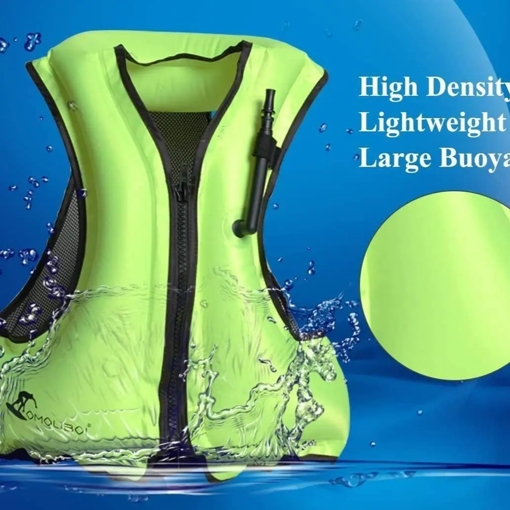 Inflatable buoyancy vest with front zipper and breathable side mesh. Foldable & lightweight for travel. Adjustable bottom buckle prevents shifting. Ideal for snorkeling, swimming and paddle boarding. Inflatable life vest