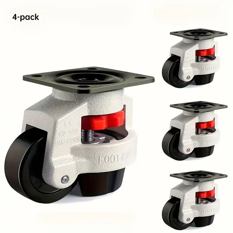 4 Pack 1.5 Inch Heavy Duty Leveling Plate Casters, Total 440lbs Load Capacity, Adjustable Retractable Swivel Caster Wheels with Support Feet, Premium Plate Mount Casters for Workbench, Cabinet, Industrial Workstation, DIY Furniture, Equipment Stand