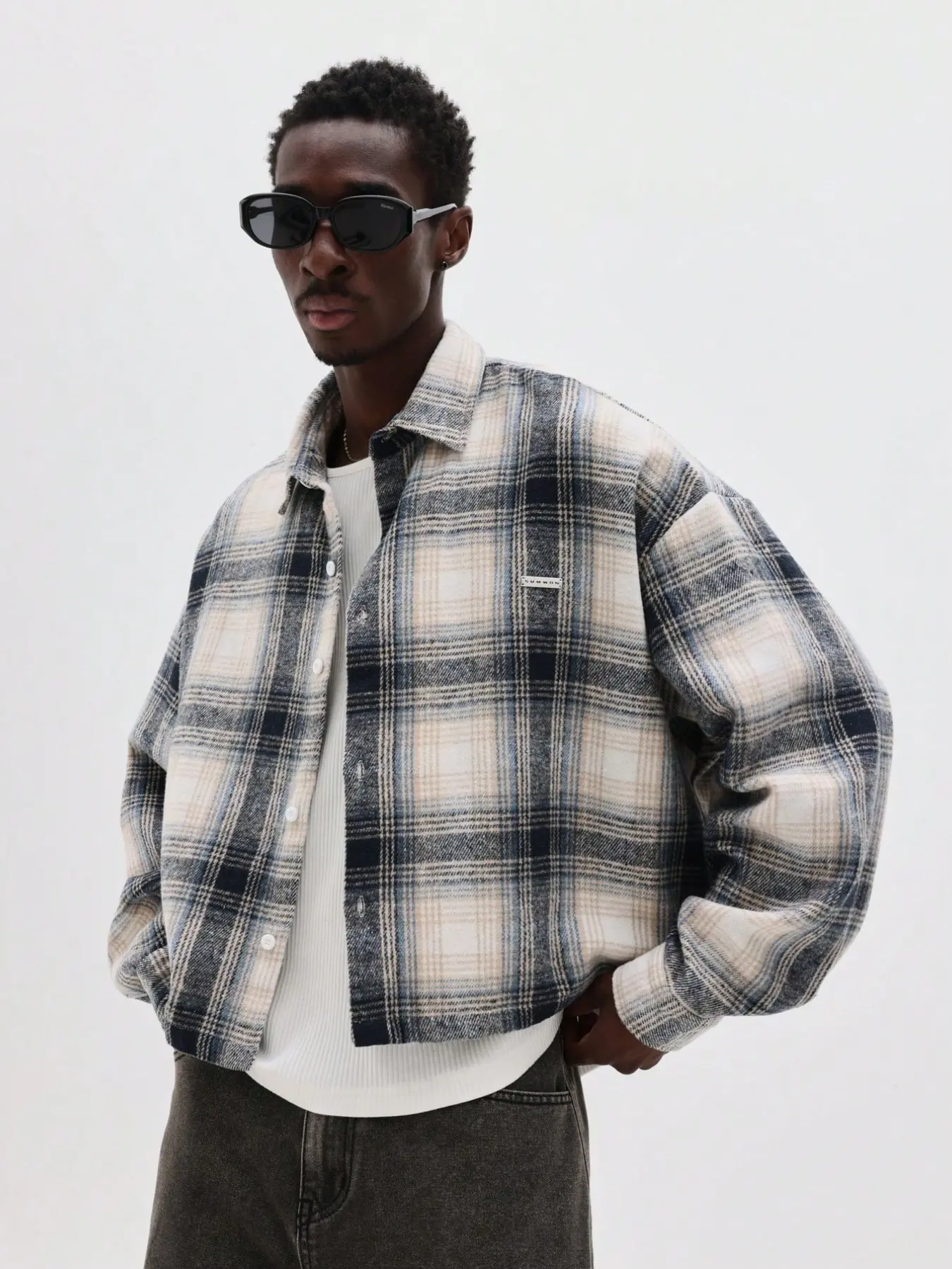American Vintage Blue Plaid Short Sleeve Shirt for Men, Cleanfit Loose Fit Checkered Blazer Jacket, Casual Spring & Fall Top