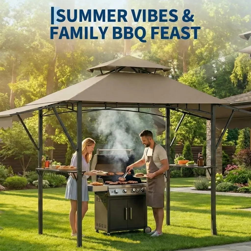 Garvee 8' x 5' Grill Gazebo BBQ Canopy - Double-Tier Outdoor Grill Shelter - Adjustable Dual Side Awnings - 2 Side Shelves, Tool Hooks & Ceiling Light Hook - Heavy-Duty Steel Frame - Coffee/Grey/Khaki