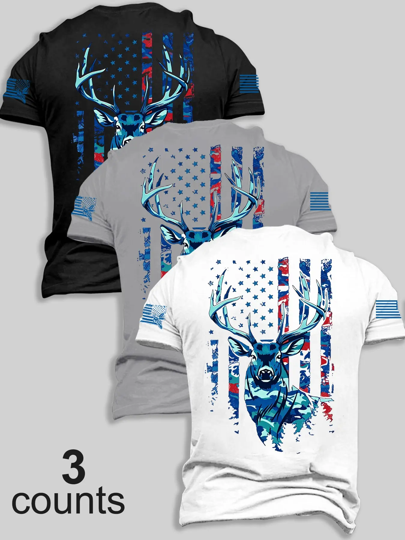 3-Pack Men's Crew Neck Short Sleeve Tees, Vintage Distressed Star Stripe Camo Flag and Wildlife Deer Graphic Print on Back and Sleeves, Soft Casual Patriotic Shirts for Daily, Camping, Outdoor Hunting and Streetwear