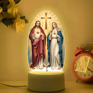 Artistic acrylic night light carved with Sacred Heart and Immaculate Mary cross patterns. USB powered with soft glow, suitable for bedroom and prayer room decoration, also a wonderful religious gift.