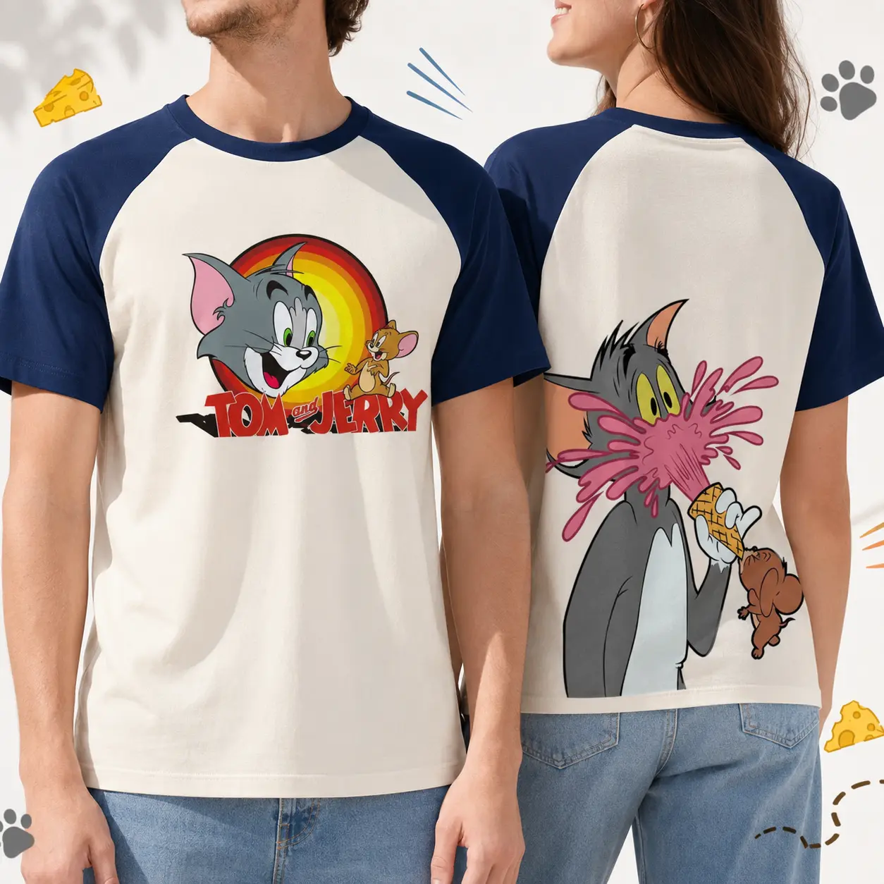 Tom and Jerry Graphic Raglan T-Shirt, Cream Navy Short Sleeve Color Block Baseball Tee, Front and Back Cartoon Print, Retro Y2K Streetwear Top