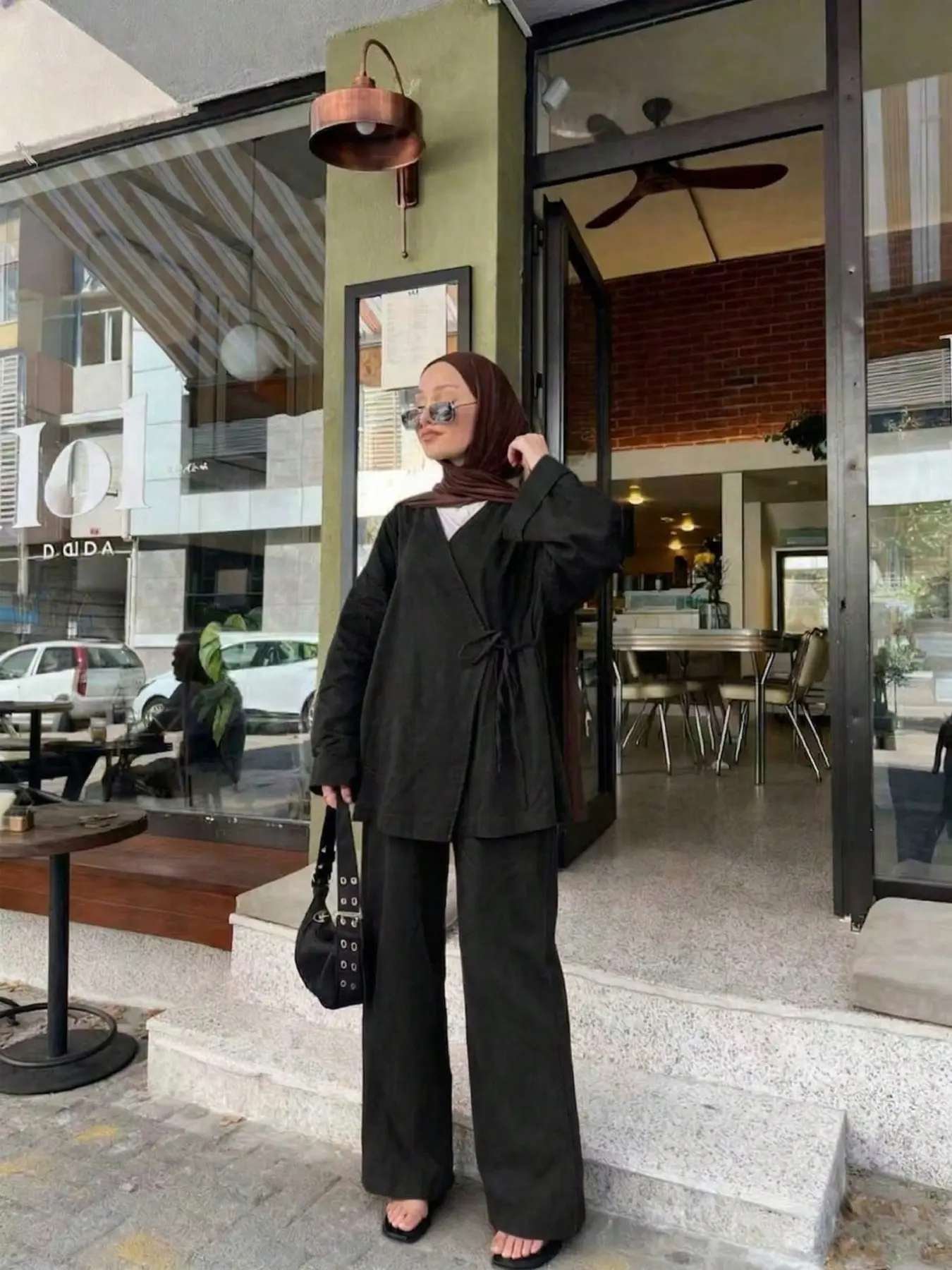 Deep Asymmetrical Tie-Back Long Sleeve Open Front Top and Wide Leg Pants Set, Middle Eastern Muslim Conservative Women's Solid Color