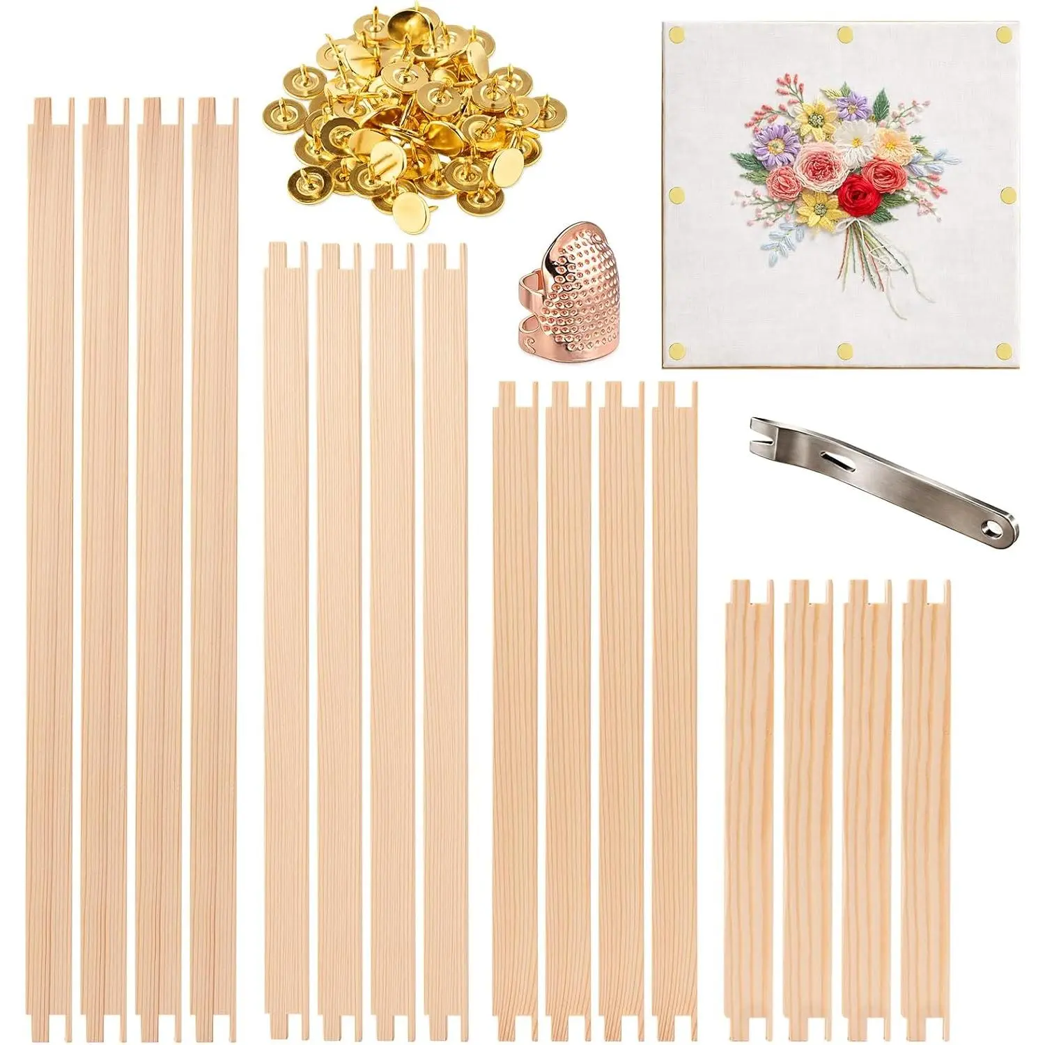 Mini+ Needlepoint Stretcher Bars Set, 8/12/14/16 Inch, 16 Bars | Wooden stretcher bars for needlework, 1/2-inch wide x 7/8-inch profile, plus 60 thumb tacks, tack remover, and metal thimble