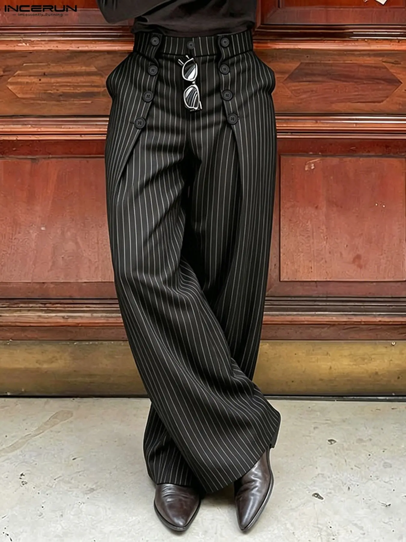 INCERUN Men's Fashion Daily Striped Casual Loose Fit Deconstructed Button Long Pants, Stylish and Comfortable, Perfect for Casual Wear, Trendy Men's Clothing