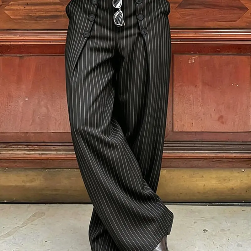 INCERUN Men's Fashion Daily Striped Loose Deconstructed Button Long Pants, Stylish and Comfortable, Perfect for Casual Wear, Trendy Men's Clothing, Menswear