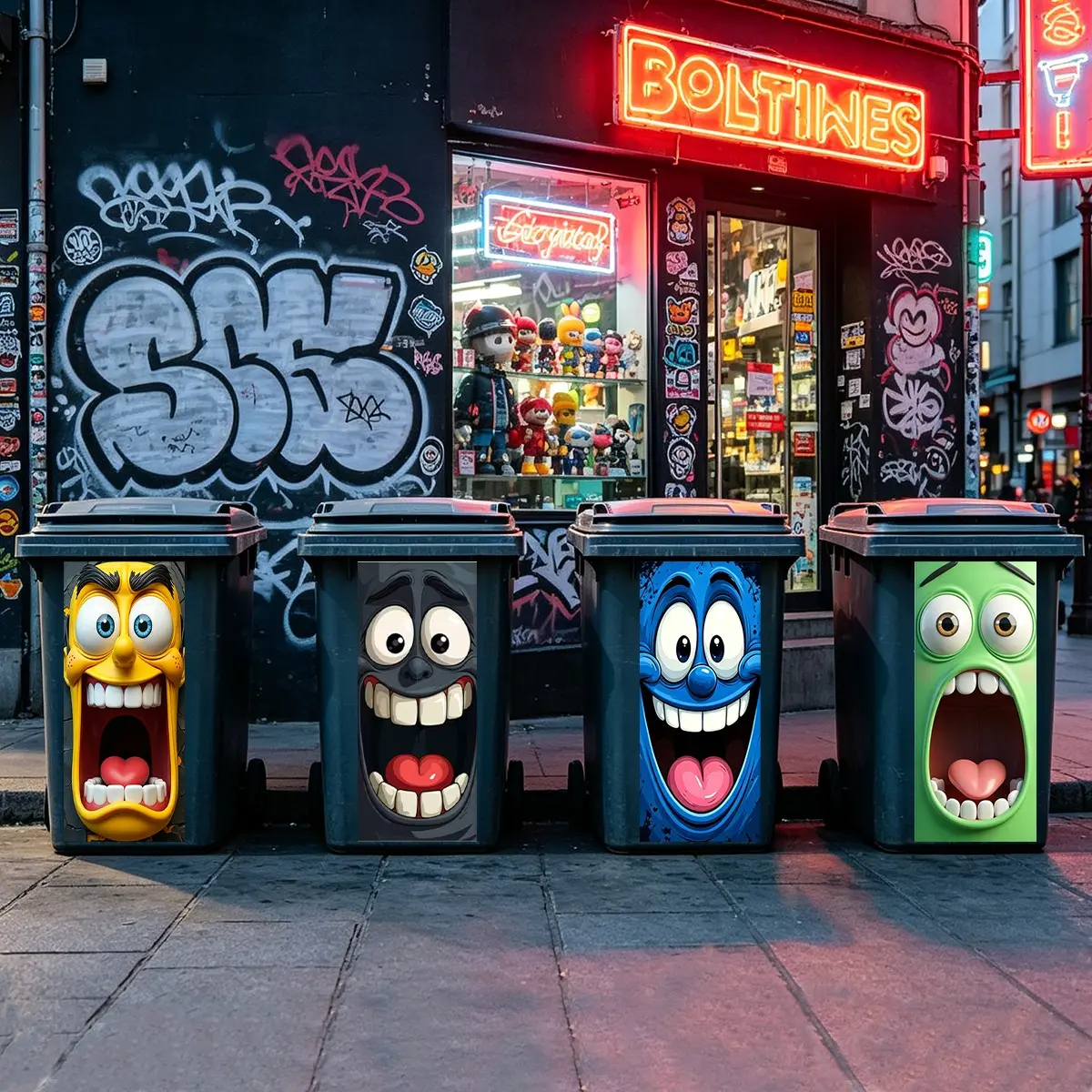 4 Funny Cartoon Face Stickers, Large Eye Smiling Design, Home Decor Trash Can Stickers, Glossy Surface, Fun Theme Decoration