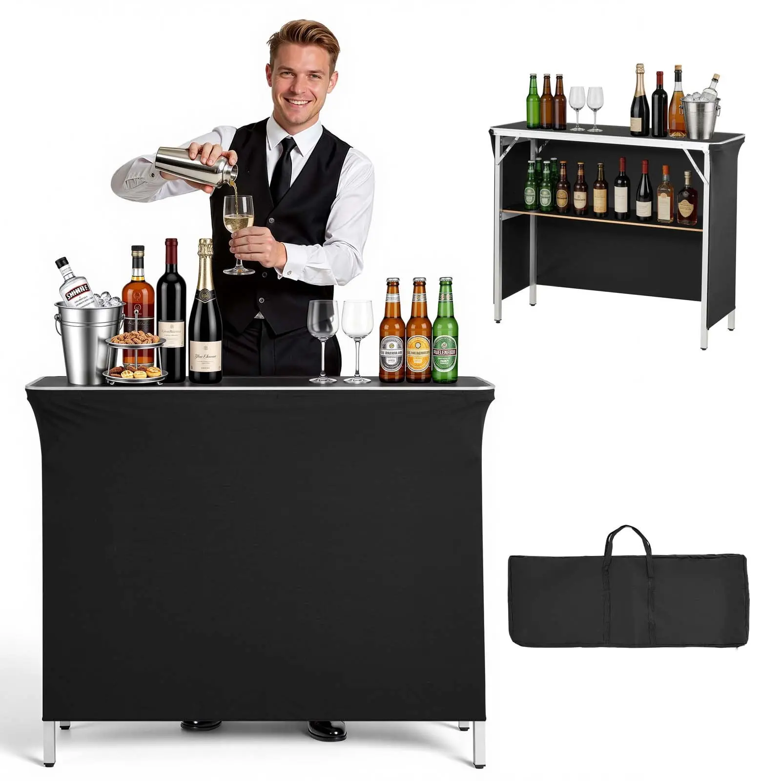 VEVOR Folding Portable Bar Table, 43.3x15.2x34.8in, with Carry Bag, Tiered Storage Shelf, Detachable 3-Sided Fabric Skirt, Stable Support, Quick Easy Setup, Mobile Bartending Station for Events, Market Stalls