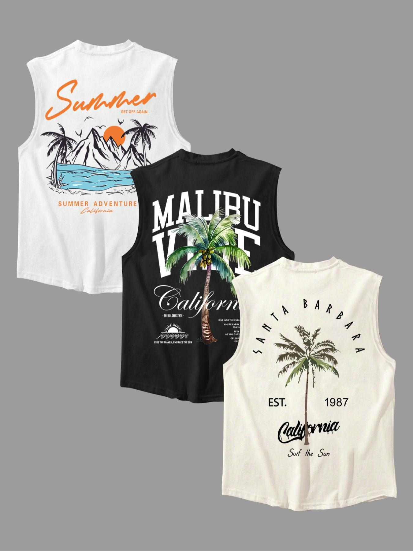 Men's Letter & Palm Tree Print Tank Top, Regular Fit Casual Soft Comfy Sleeveless Round Neck Top for Summer, Men's Clothes for Daily Wear, Stretch Tank Tops, Sleeveless Shirt