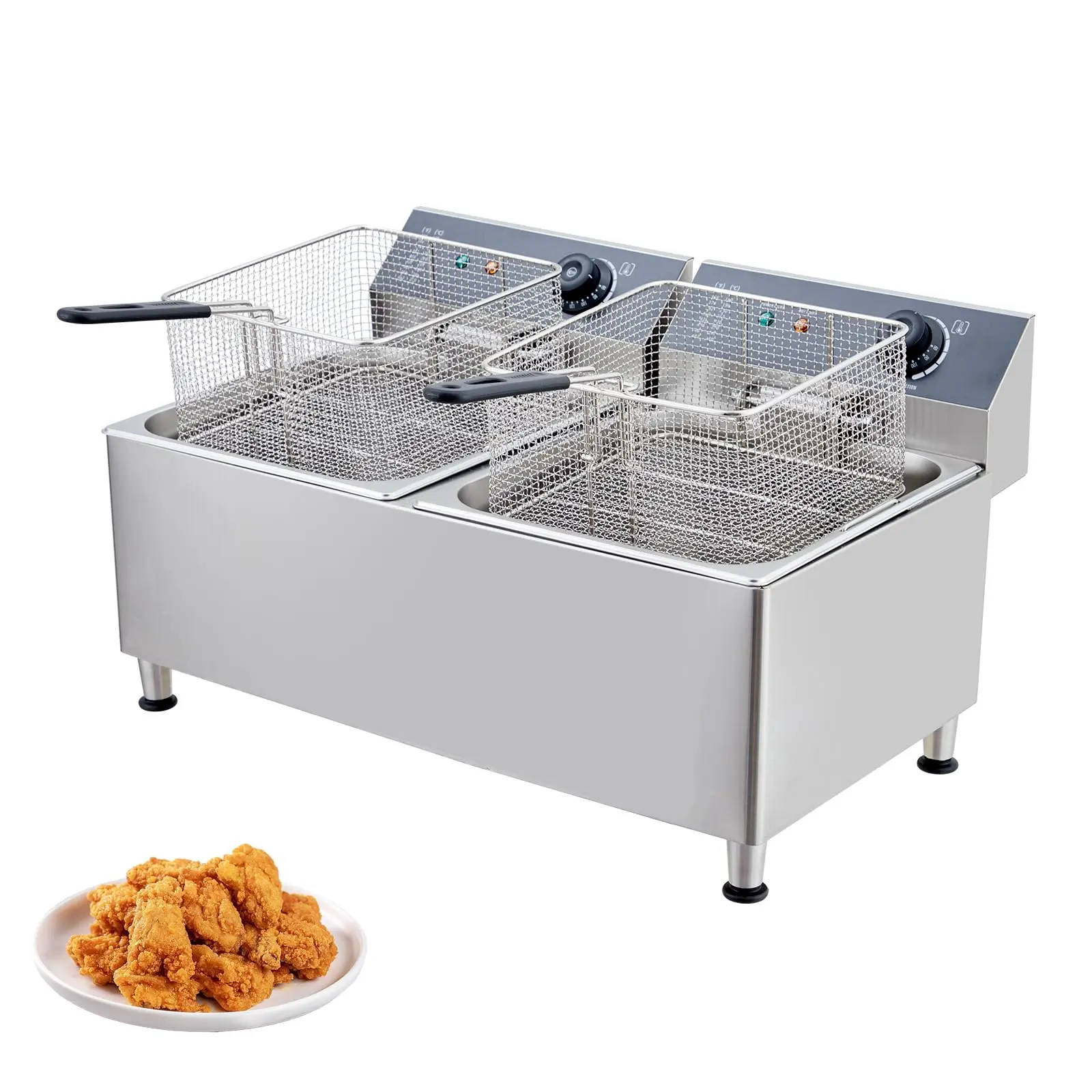 Garvee Stainless Steel Commercial Deep Fryer with 22L capacity and 3400W power, featuring twin 11L electric deep fryer compartments, adjustable temperature, auto-close lids, and baskets for home or restaurant use.