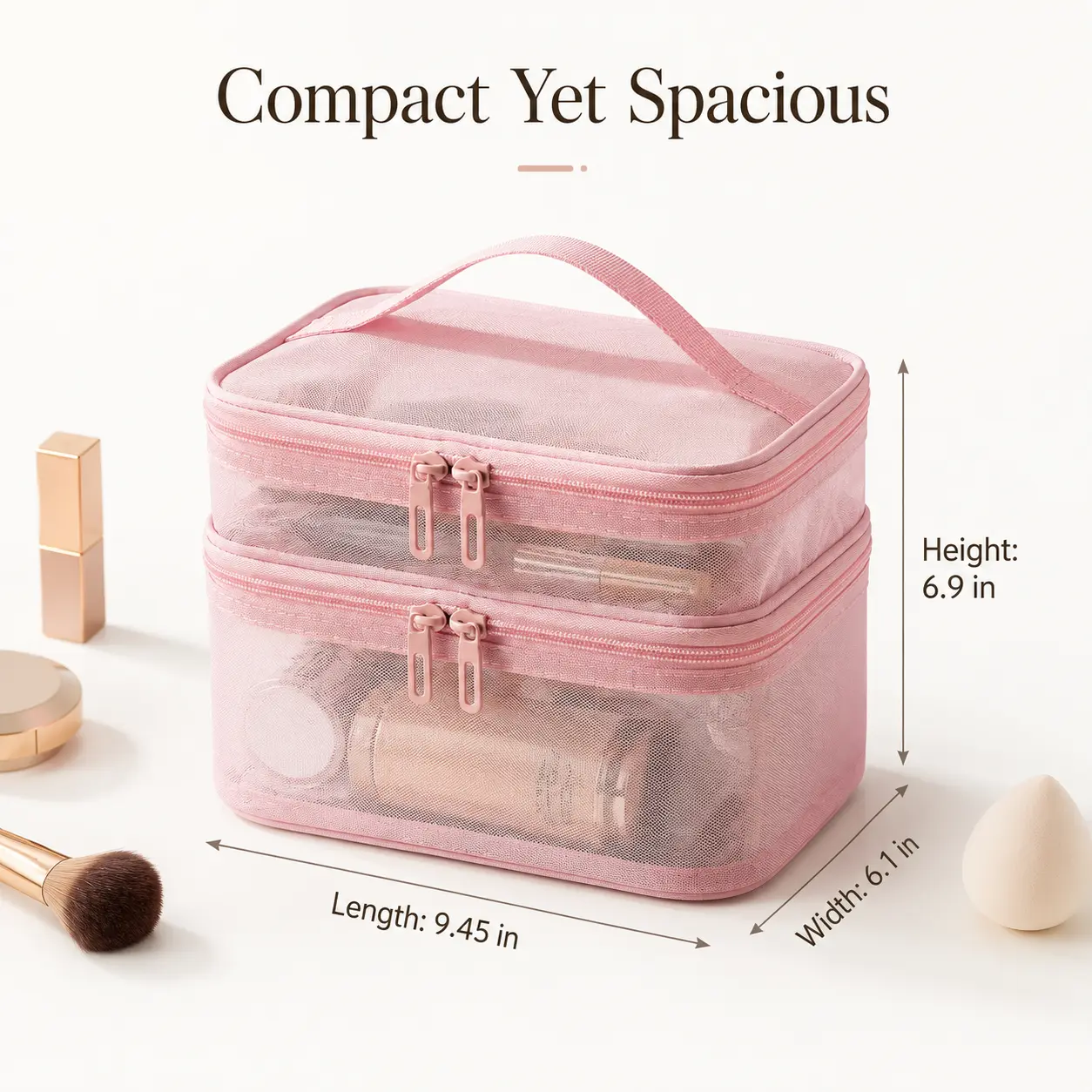 Women's Large Capacity 2-Tiered Travel Cosmetic Bag, Transparent Mesh Storage Case with Handle, Portable Toiletry Bag for Bathroom & Luggage Organization, Beauty Essentials Holder, Travel Cosmetic Bags, Two-Tiered