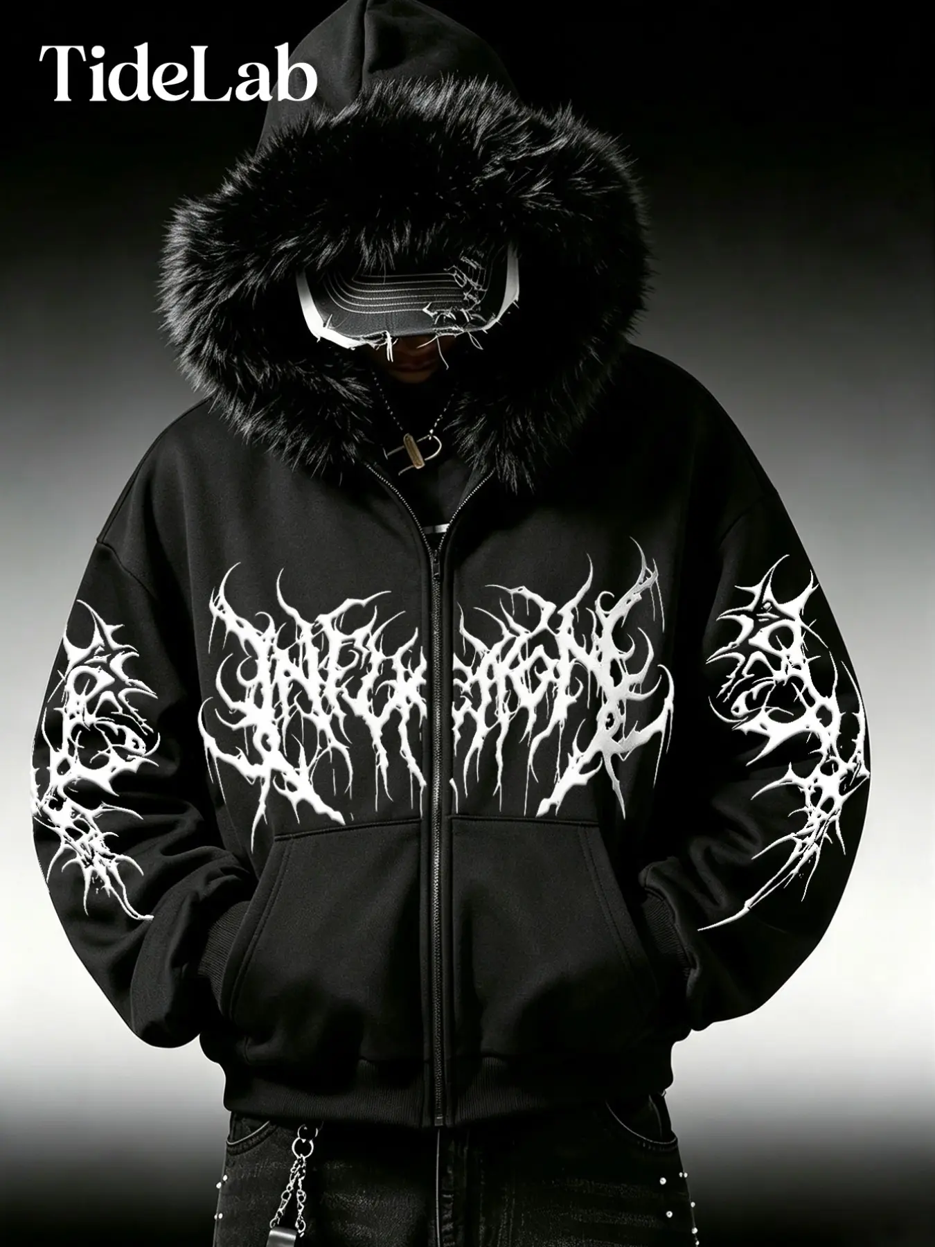 Unisex Halloween Gothic Style Large Fur Collar Hooded Zipper Jacket, Death Metal Font Print, Perfect for Festive