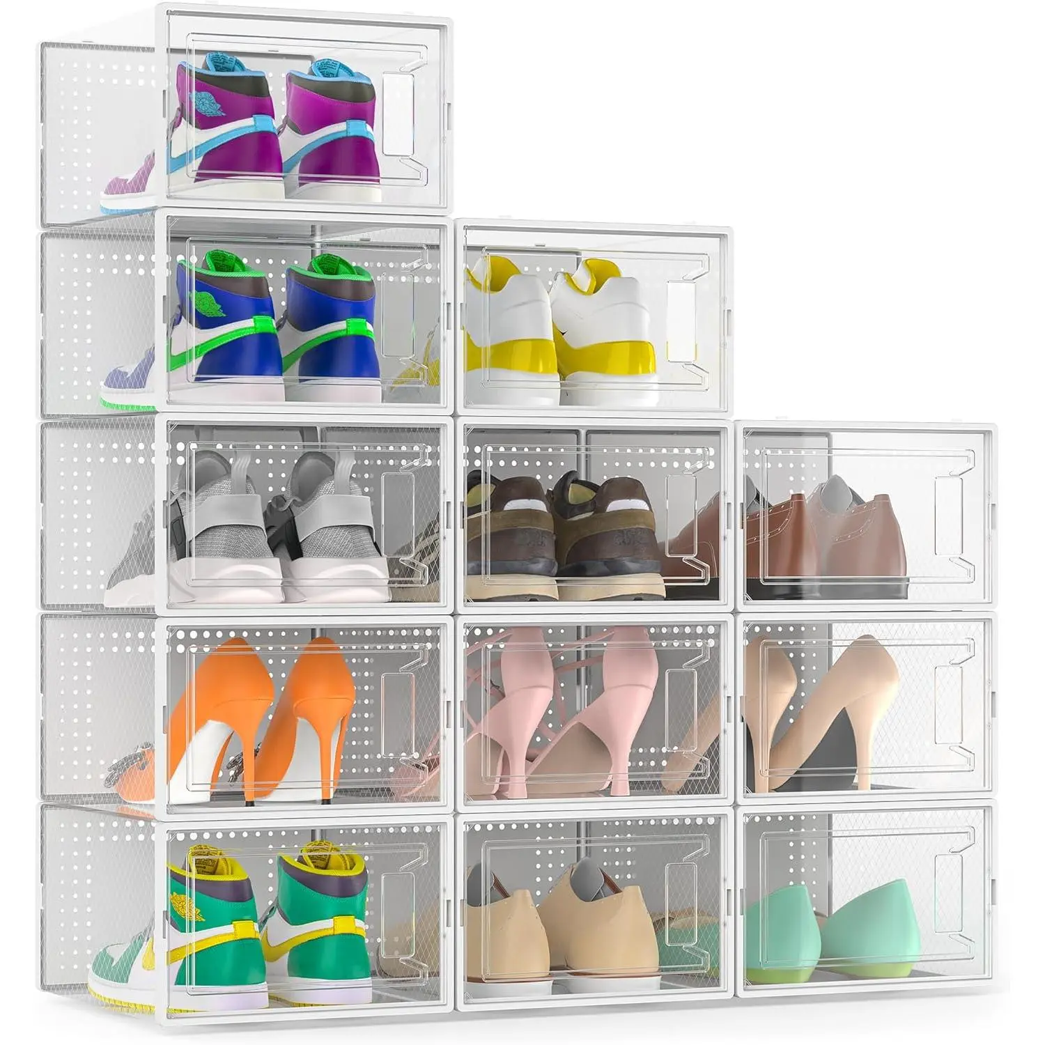 12 Pack Large Clear Shoe Storage Boxes, Stackable Modular Plastic Shoe Organizer Front-Opening Door, Ventilated Dust-Proof Sneaker Display Cases Closet and Entryway, White
