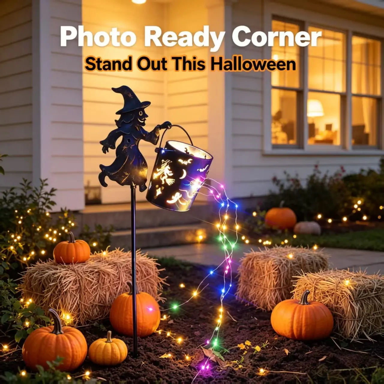 Witch Pumpkin Bucket Courtyard Light, Halloween Pattern Cutout Projection, Flowing LED String Lights, Garden Patio Decor, Fall Decor