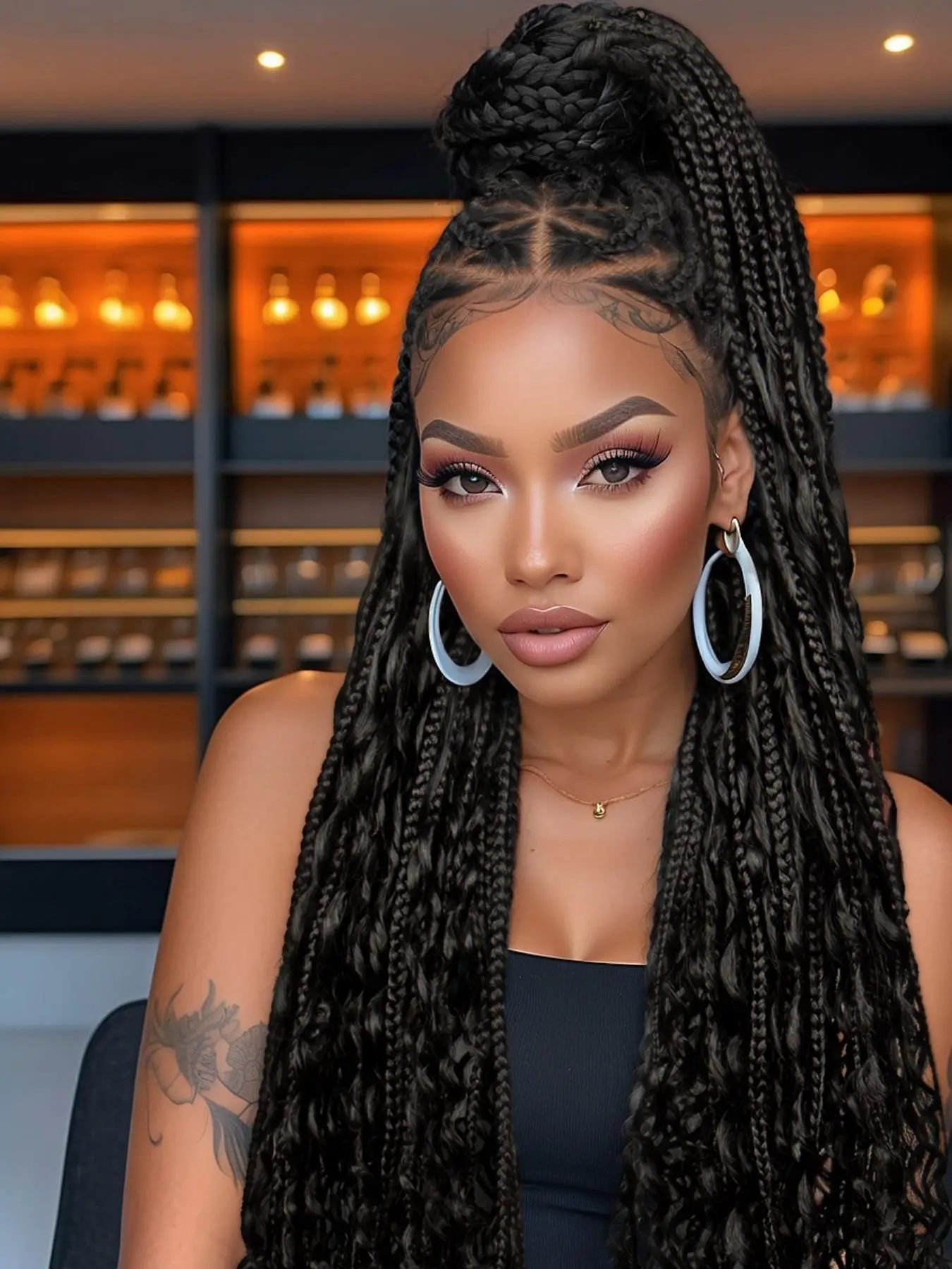 32 Inch Black Long Braided Lace Wigs for Women, Gorgeous Fluffy Wigs with Baby Hair Bangs, Synthetic Braided Lace Wigs for Party, Daily Use